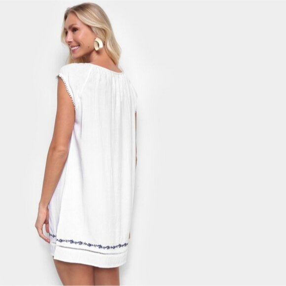 RESORT- Bohemian Vacay Embroidered Tunic Dress with Tassels- White + Blue - Picture 3 of 10